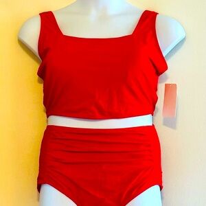 Meet Curve Vibrant Red High-Waisted Ruched Swim Bottoms, NWT, Size XL